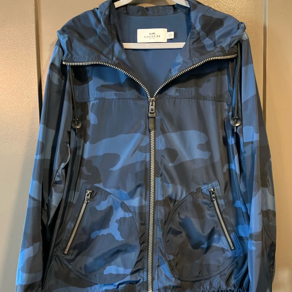 COACH blue camo hooded rain jacket-RARE!